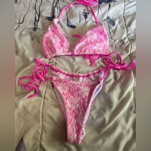 Pink Lace Triangle Bikini Set - Women Swim Bikini
